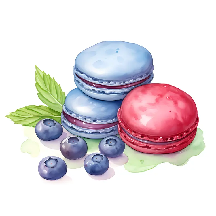 Colorful Macarons with Blueberries and Leaves