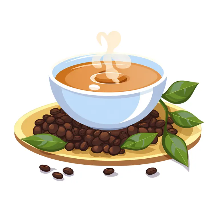 Steaming Coffee Cup with Beans and Leaves