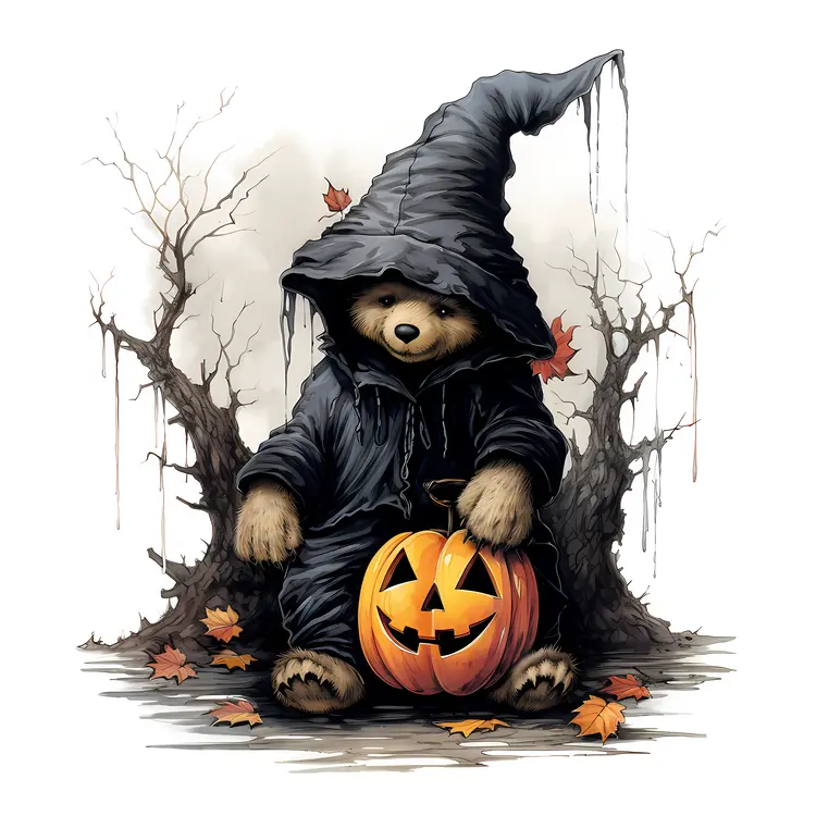 Cute Bear in Witch Costume with Pumpkin