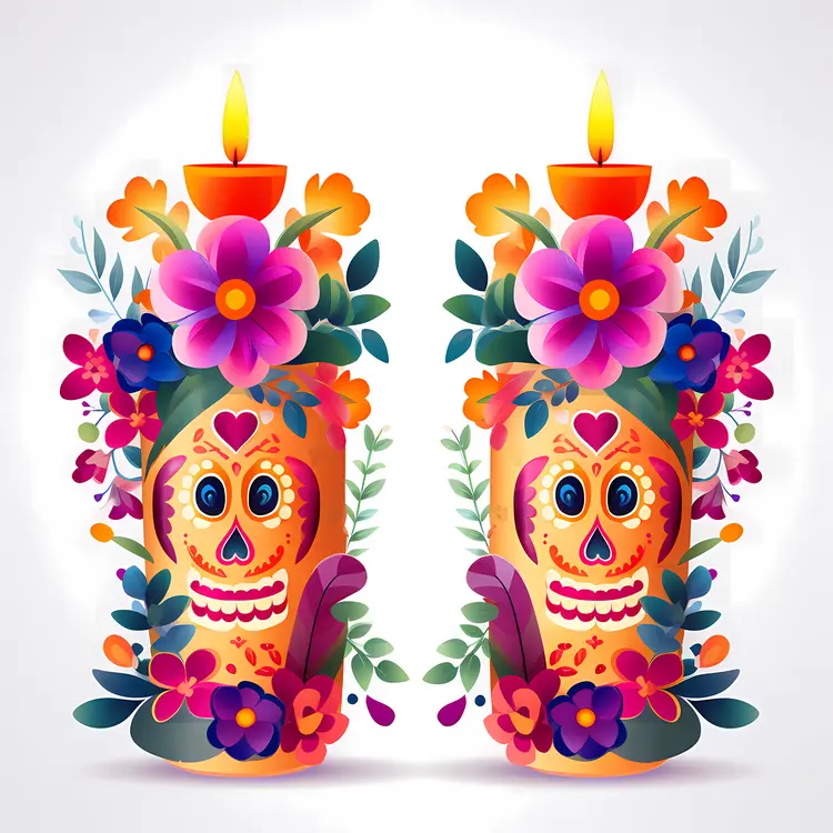 Colorful Day of the Dead Candles with Floral Decorations