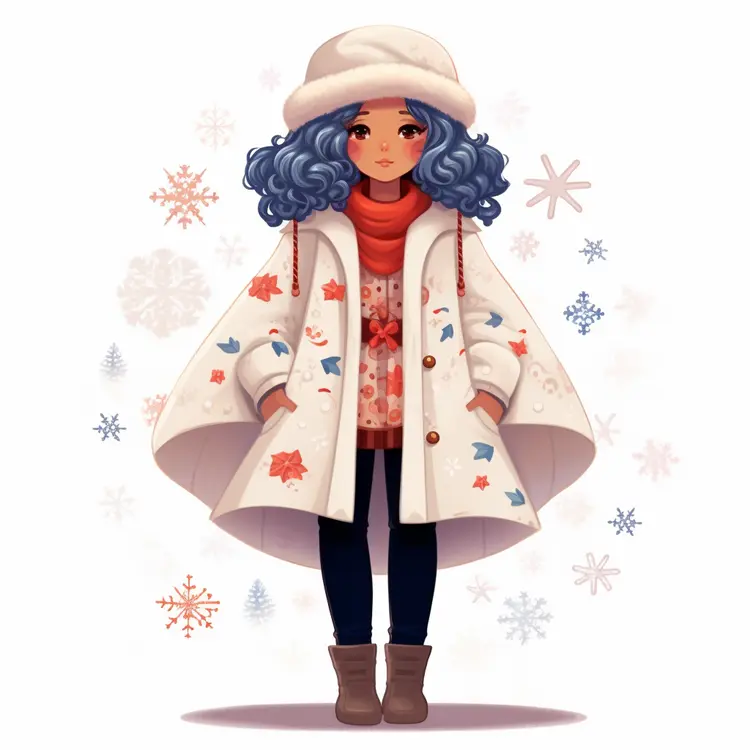 Lovely Girl in White Winter Coat with Snowflakes