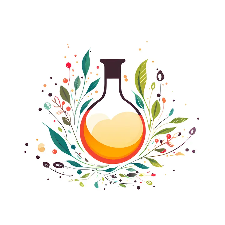 Orange Liquid Bottle with Leaves and Flowers