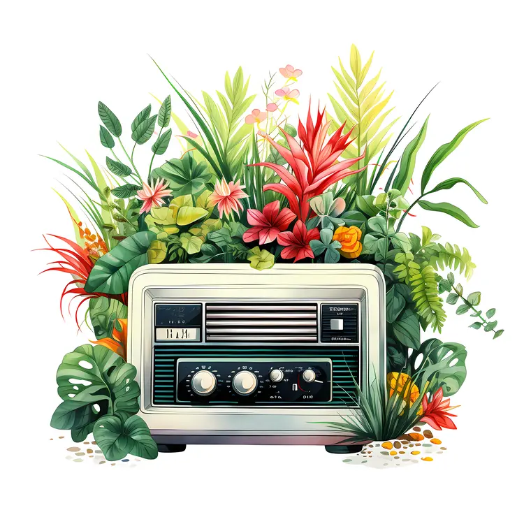 Retro Radio with Tropical Plants