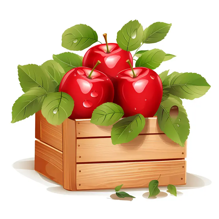 Fresh Red Apples in Wooden Crate with Leaves