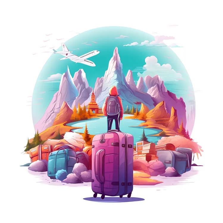Traveler with Luggage in Mountainous Landscape