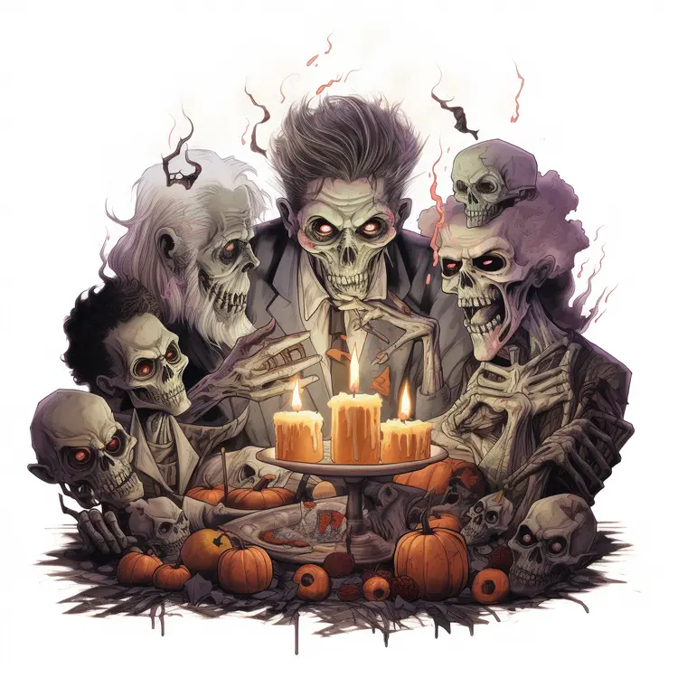 Spooky Skeletons Gathering with Candles and Pumpkins
