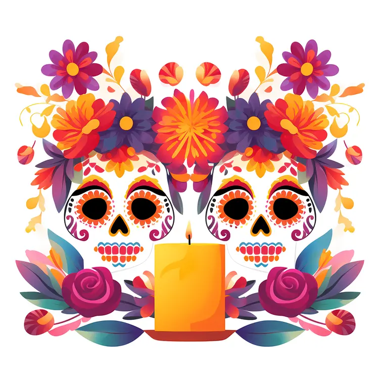 Colorful Sugar Skulls with Candle and Flowers for Day of the Dead
