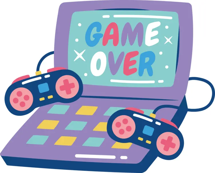 Laptop with Game Over Screen and Controllers