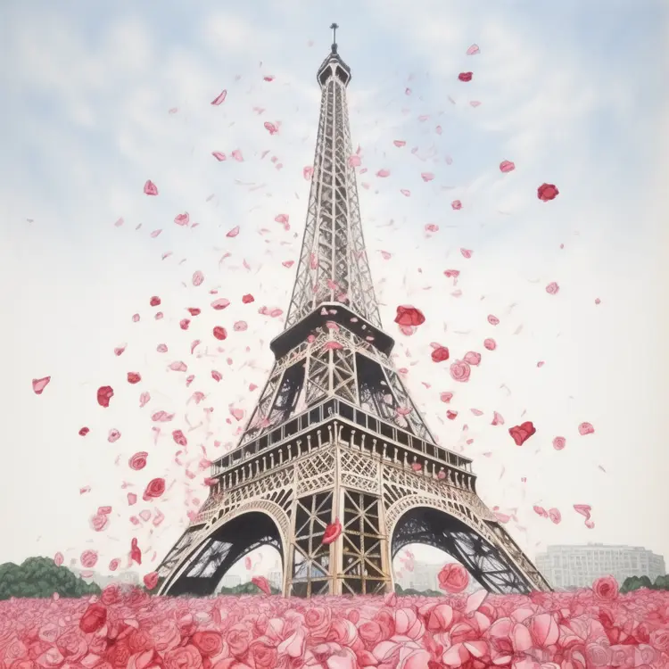 Eiffel Tower with Falling Rose Petals