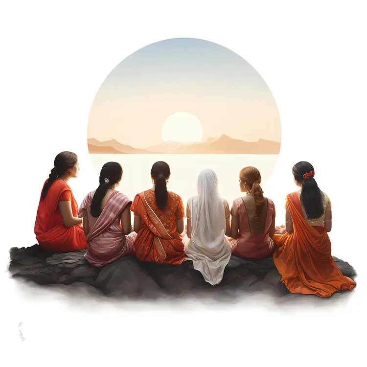 Women in Saris Watching Sunset