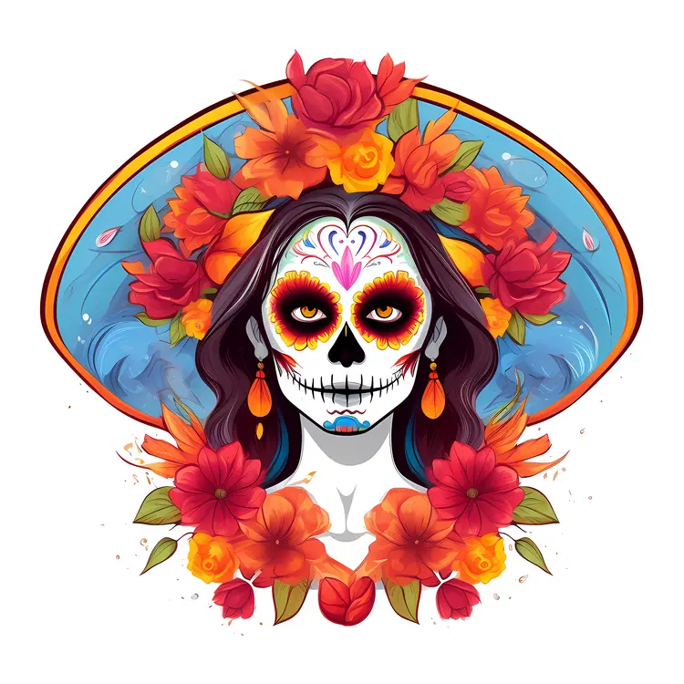 Colorful Sugar Skull with Flowers for Day of the Dead Celebration