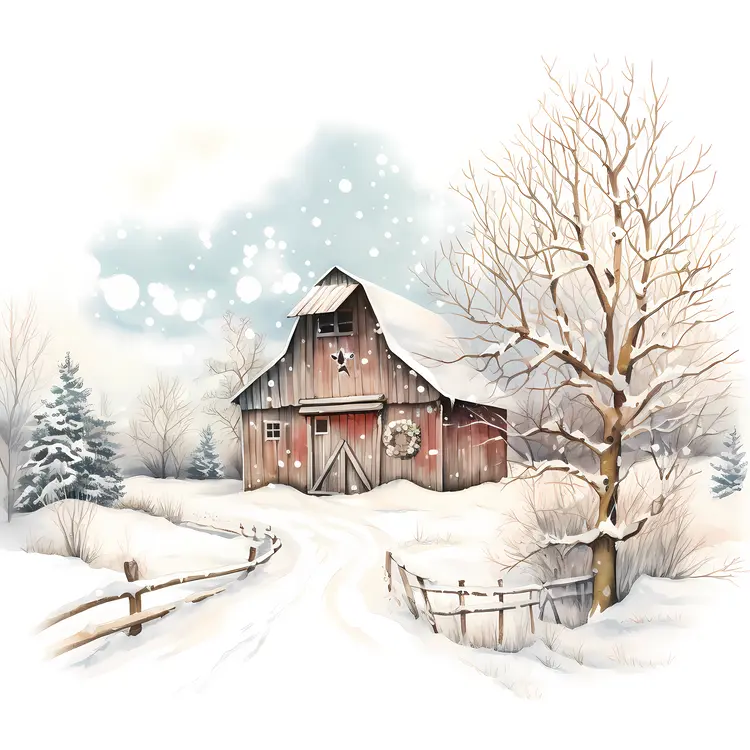 Wooden Barn in a Snowy Landscape