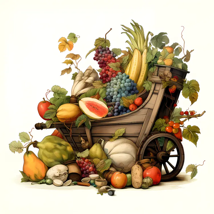 Autumn Harvest Fruit Cart with Grapes and Melon