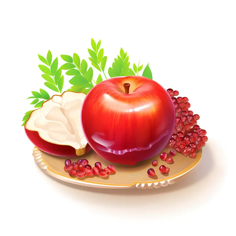 Red Apple and Pomegranate on Plate for Rosh Hashanah