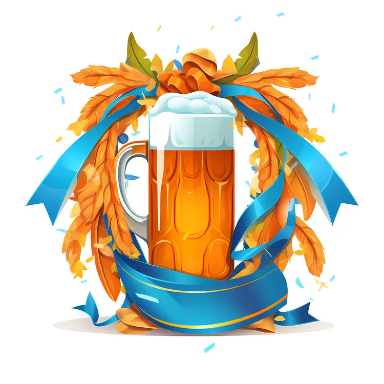 Festive Beer Mug with Blue Ribbon for Oktoberfest Celebration
