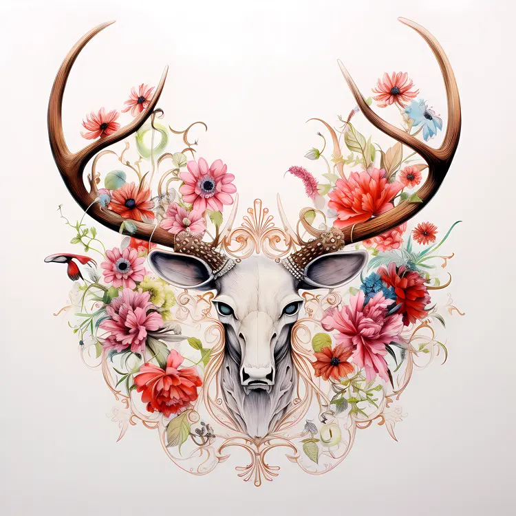 Deer Skull with Colorful Flowers