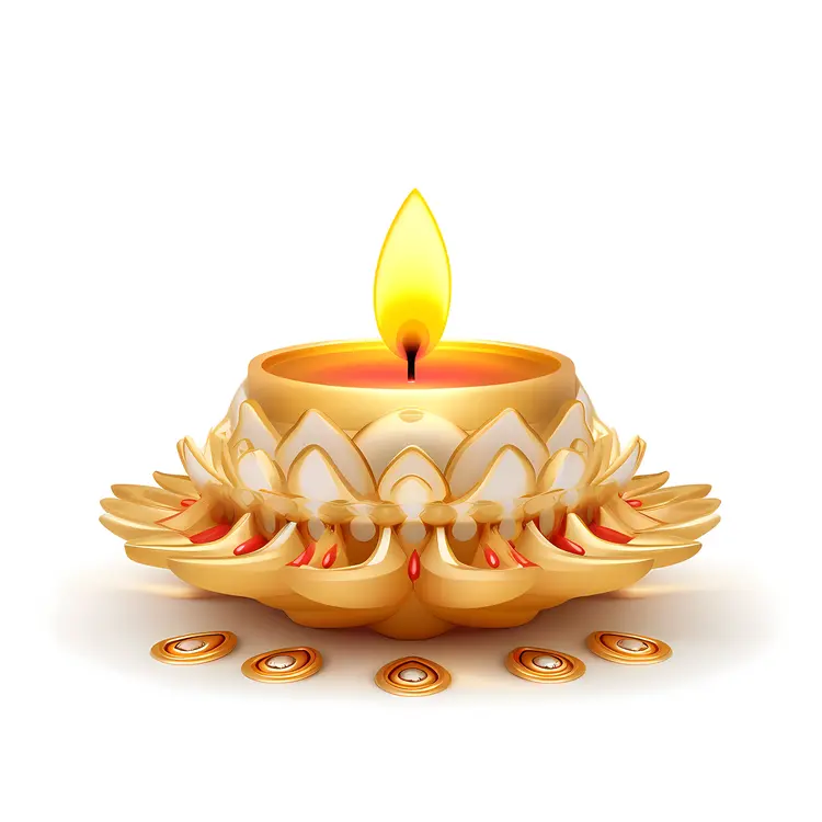 Golden Diya with Candle Flame for Diwali