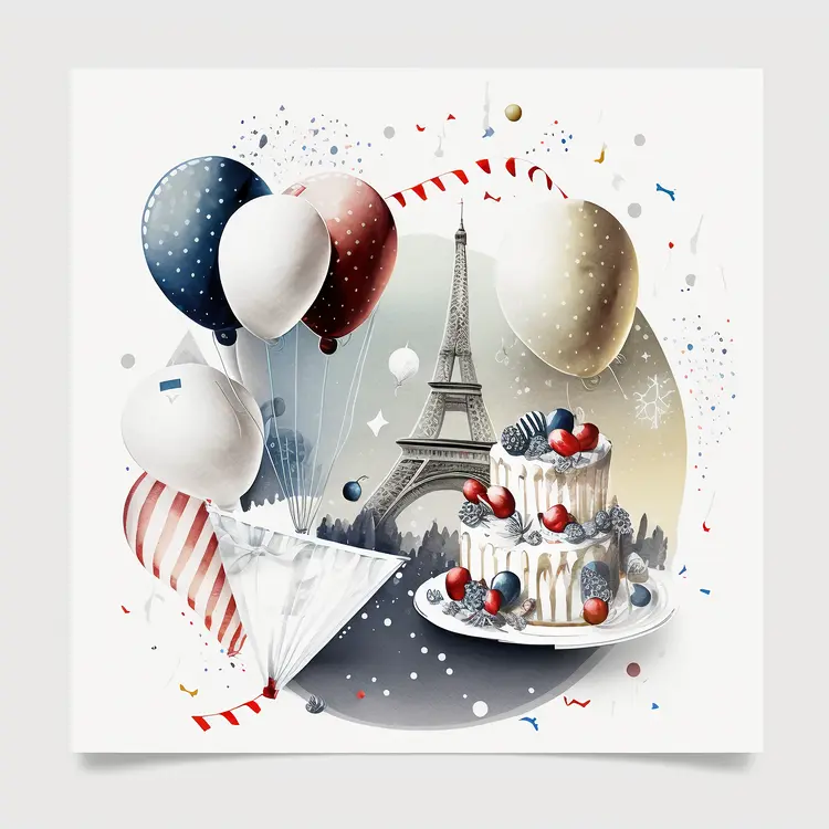Festive Cake with Eiffel Tower and Balloons for Bastille Day Celebration