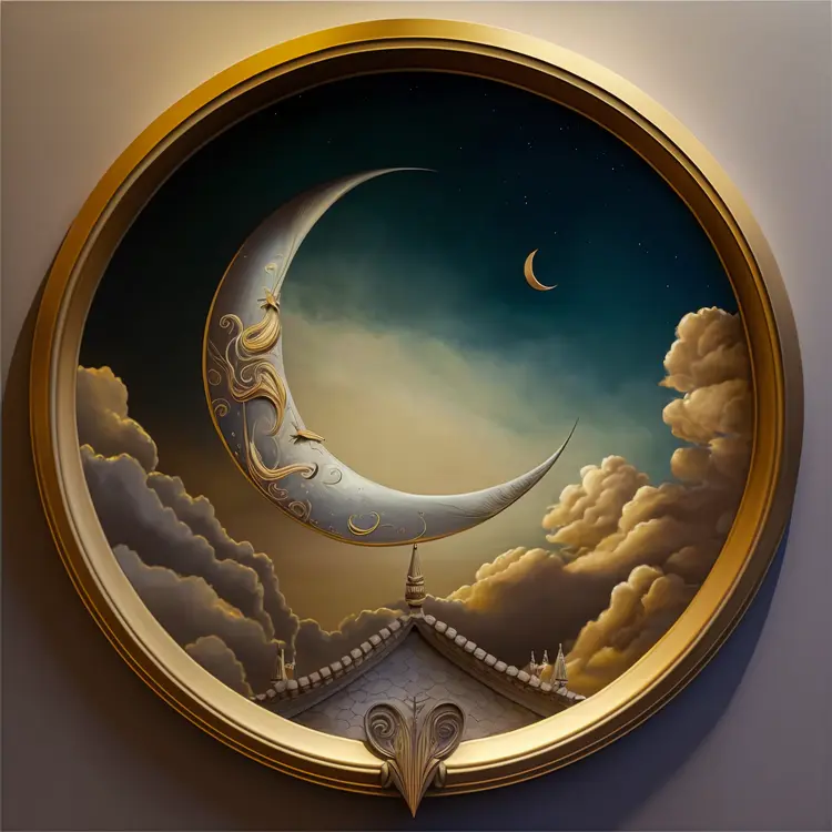 Decorative Crescent Moon in Night Sky with Clouds