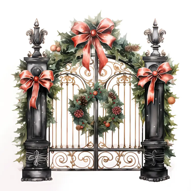 Gate with Christmas Wreath and Red Bows