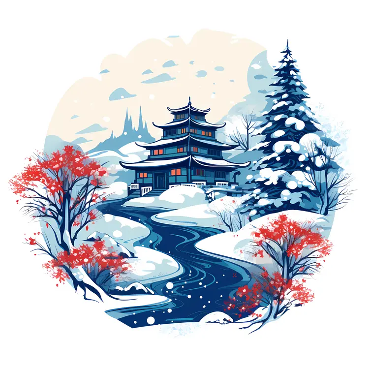 Winter Pagoda with Snowy Landscape
