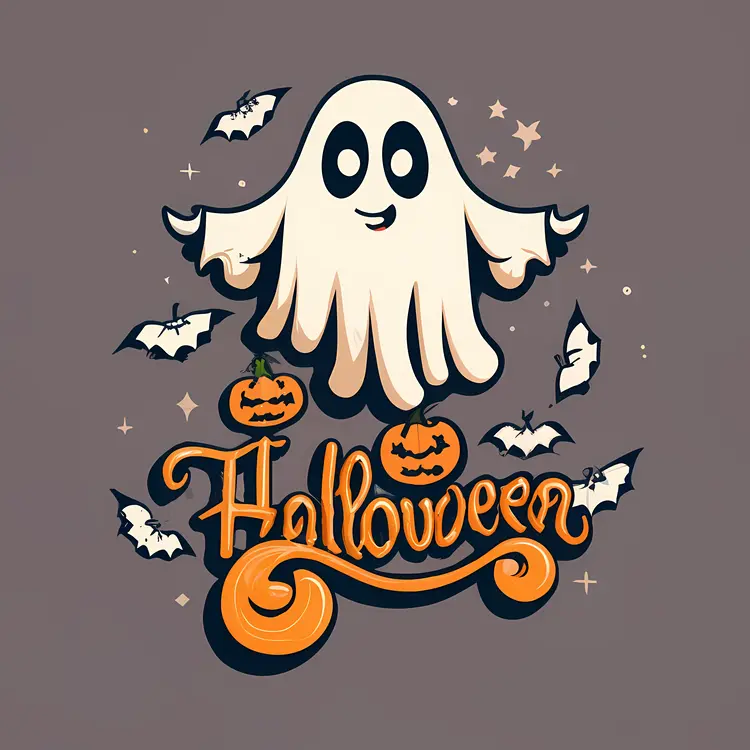 Happy Halloween Ghost with Pumpkins and Bats