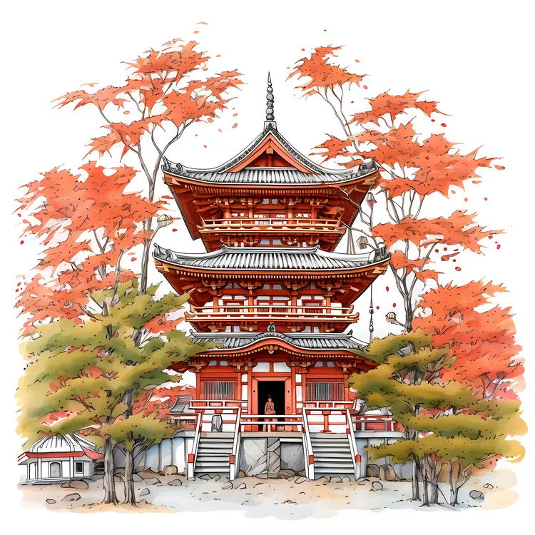 Red Pagoda with Autumn Trees