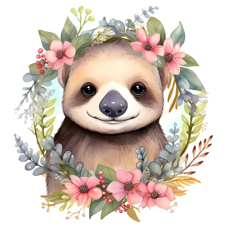 Cute Sloth Surrounded by Flowers