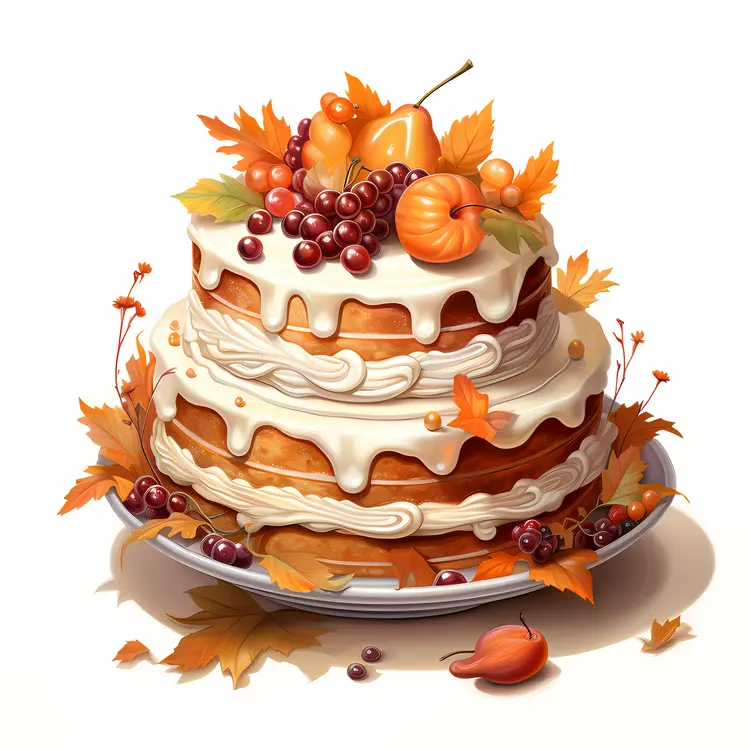 Layered Fruit Cake with Autumn Decorations