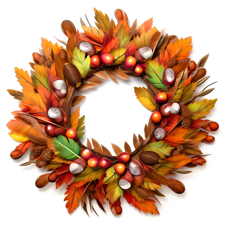 Colorful Autumn Wreath with Leaves and Acorns
