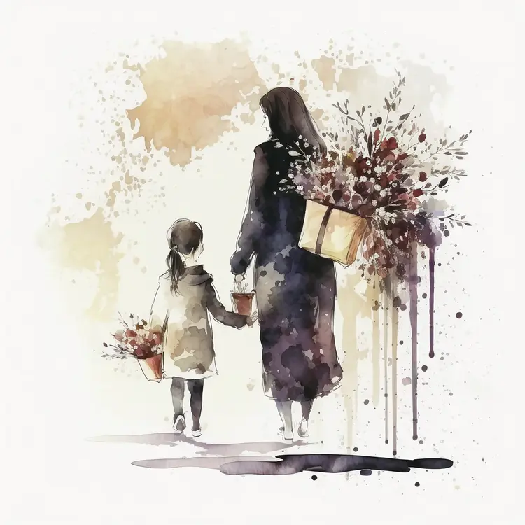 Watercolor Illustration of Mother and Child with Flowers