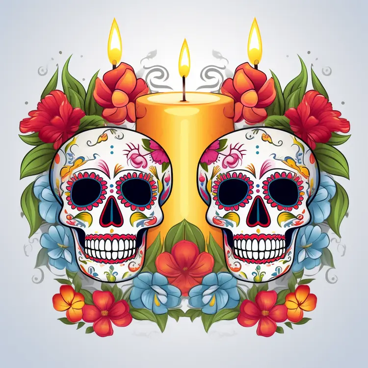 Colorful Sugar Skulls with Candle and Flowers for Day of the Dead