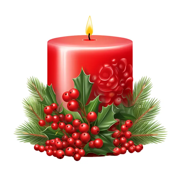 Red Candle with Holly and Berries