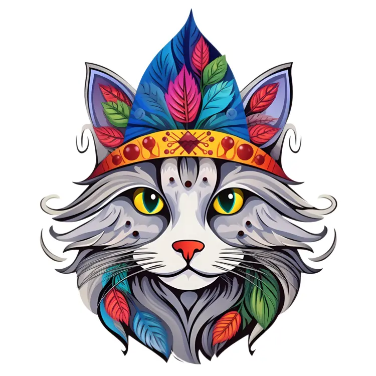 Colorful Cat with Feathers Illustration