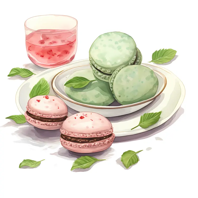 Green and Pink Macarons with Mint Leaves