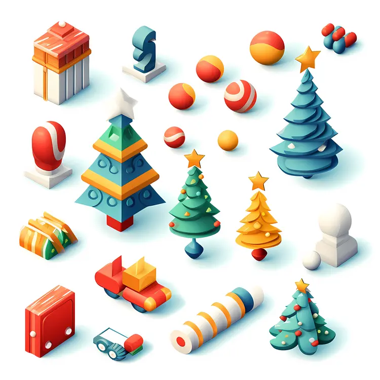Colorful Christmas Icons with Trees and Gifts