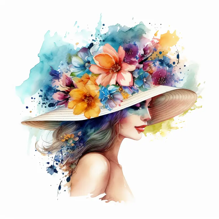 Beautiful Woman with Floral Hat in Watercolor Art