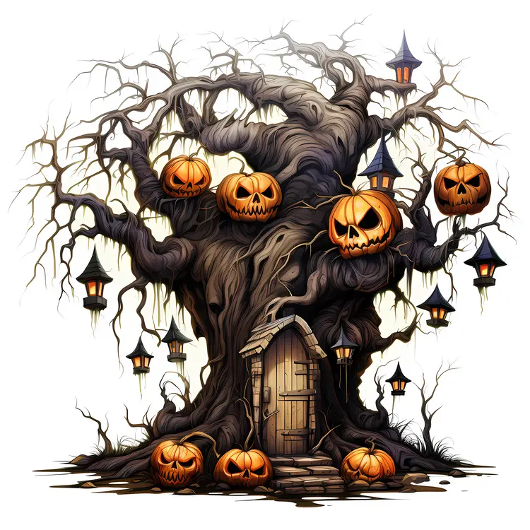 Haunted Tree with Pumpkins and Lanterns