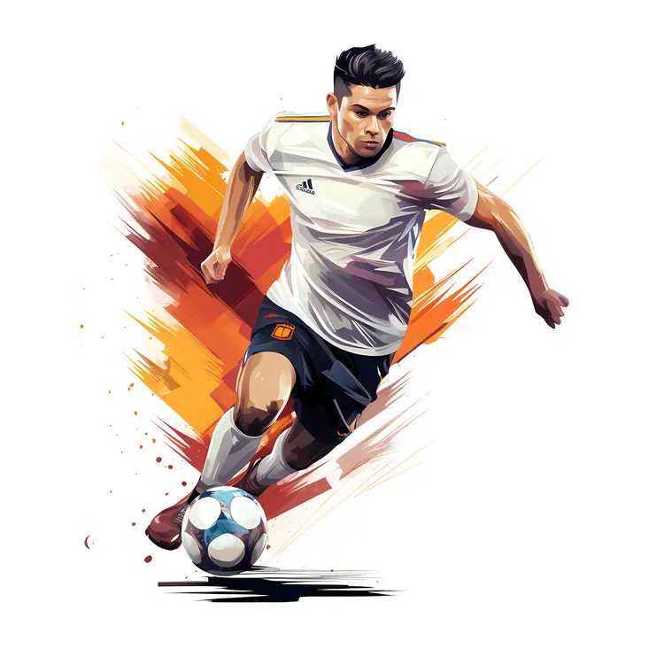 Soccer Player with Ball in White Jersey