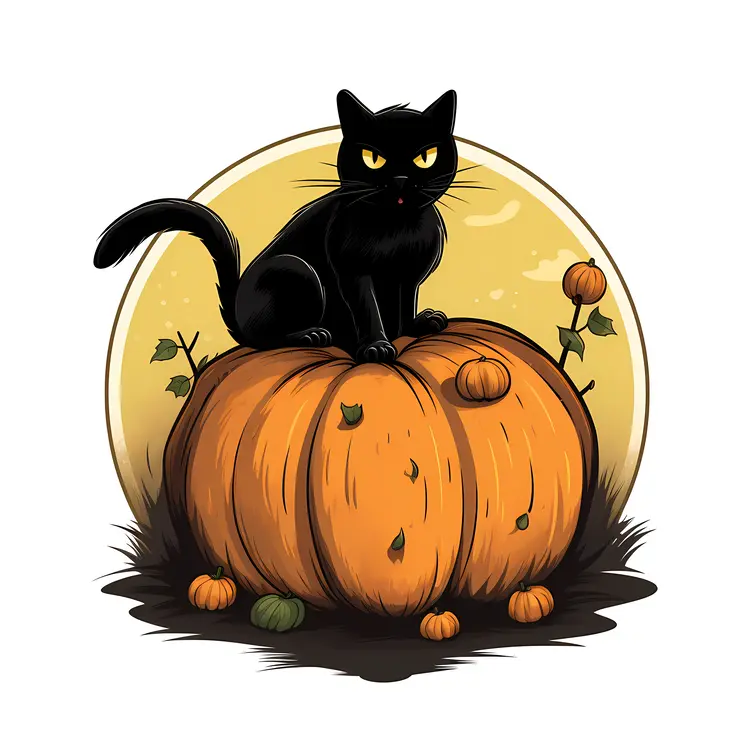 Black Cat on Pumpkin with Halloween Moon