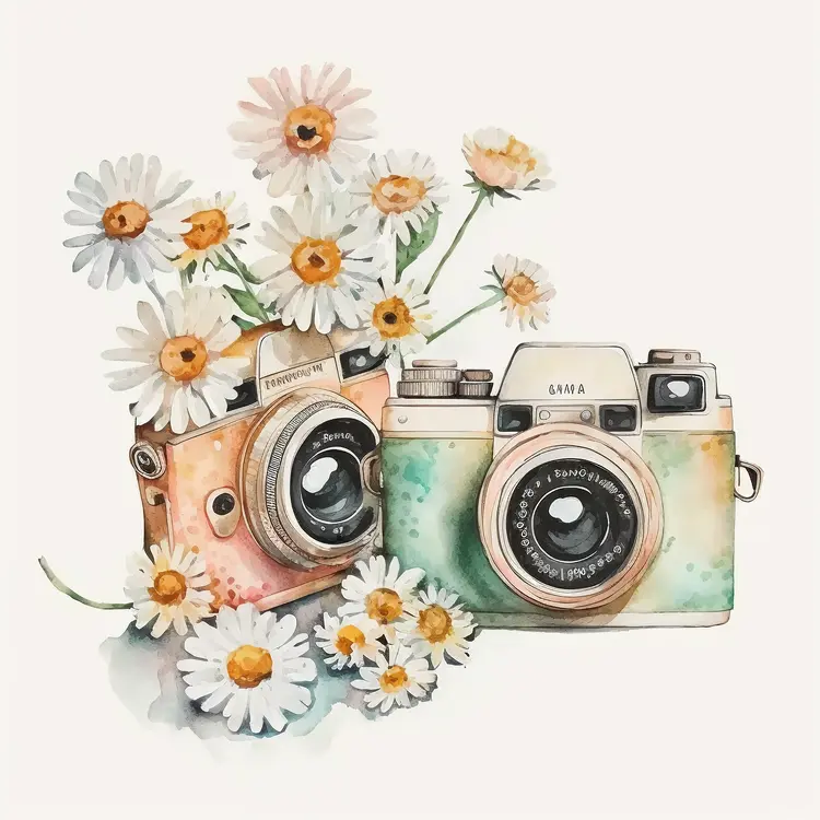 Vintage Cameras with Daisies in Retro Style