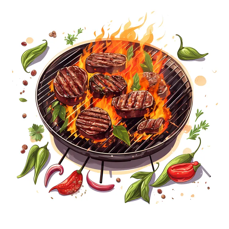 Grilled Burgers on Barbecue with Flames