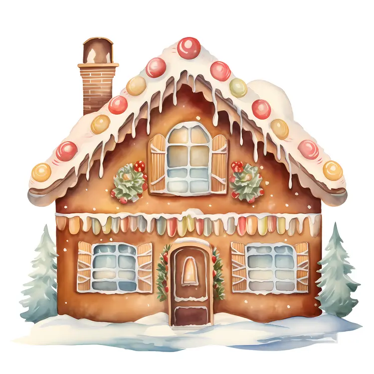 Classic Gingerbread House with Snow and Candies