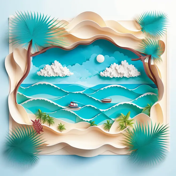 Tropical Ocean Scene with Boats and Palm Trees