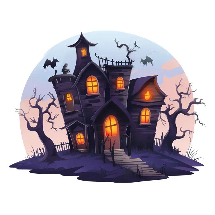 Leaning Haunted House with Bats