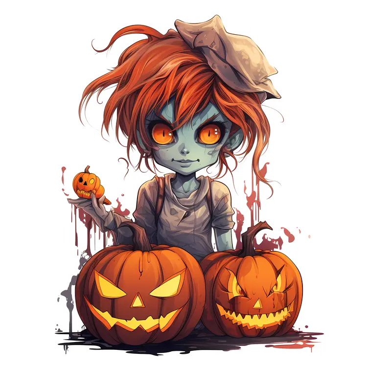 Zombie Girl with Pumpkins