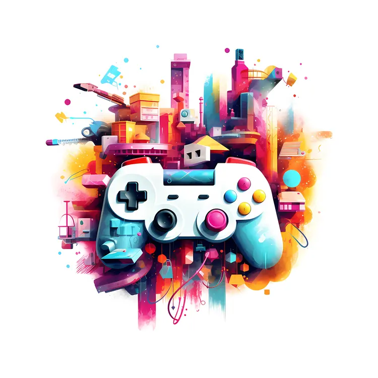 Colorful Game Controller with Urban Background