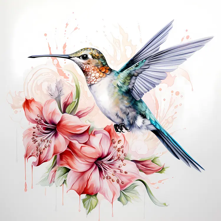 Hummingbird and Pink Flowers Illustration