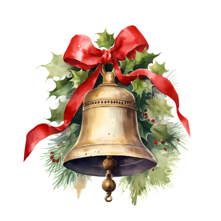 Golden Bell with Red Bow and Holly