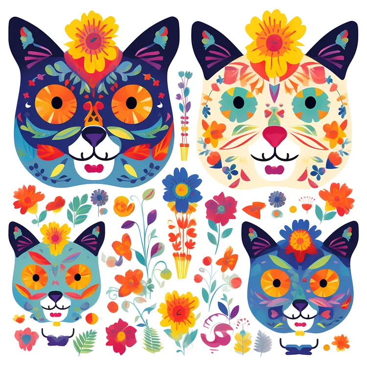 Colorful Cat Faces with Floral Patterns for Day of the Dead